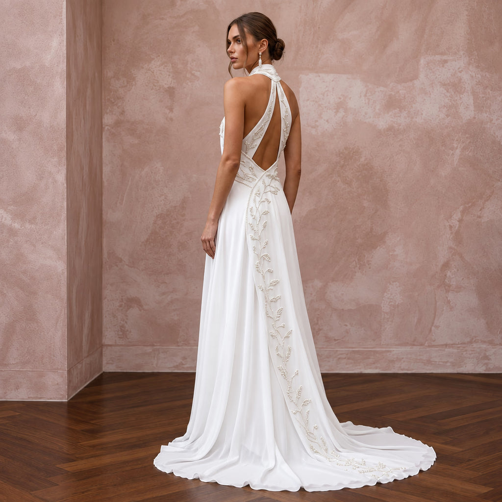 Pure White Silk Georgette Draped Halter Neck Backless Wedding Dress