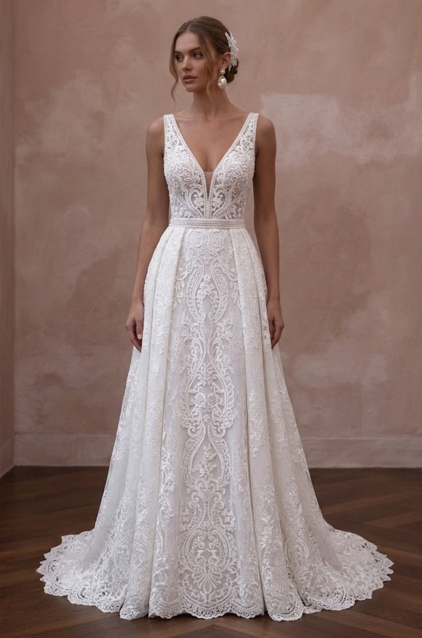 Pure White Wedding Dresses with Classic Lace Designs Main image