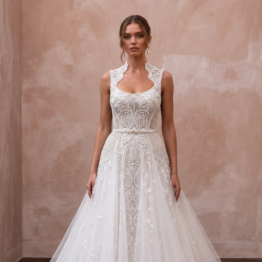 Queen Anne Tulle Bridal Gown for a Cathedral Wedding - Apparel & Accessories > Clothing > Wedding & Bridal Party Dresses > Wedding Dresses - Mignonette Bridal