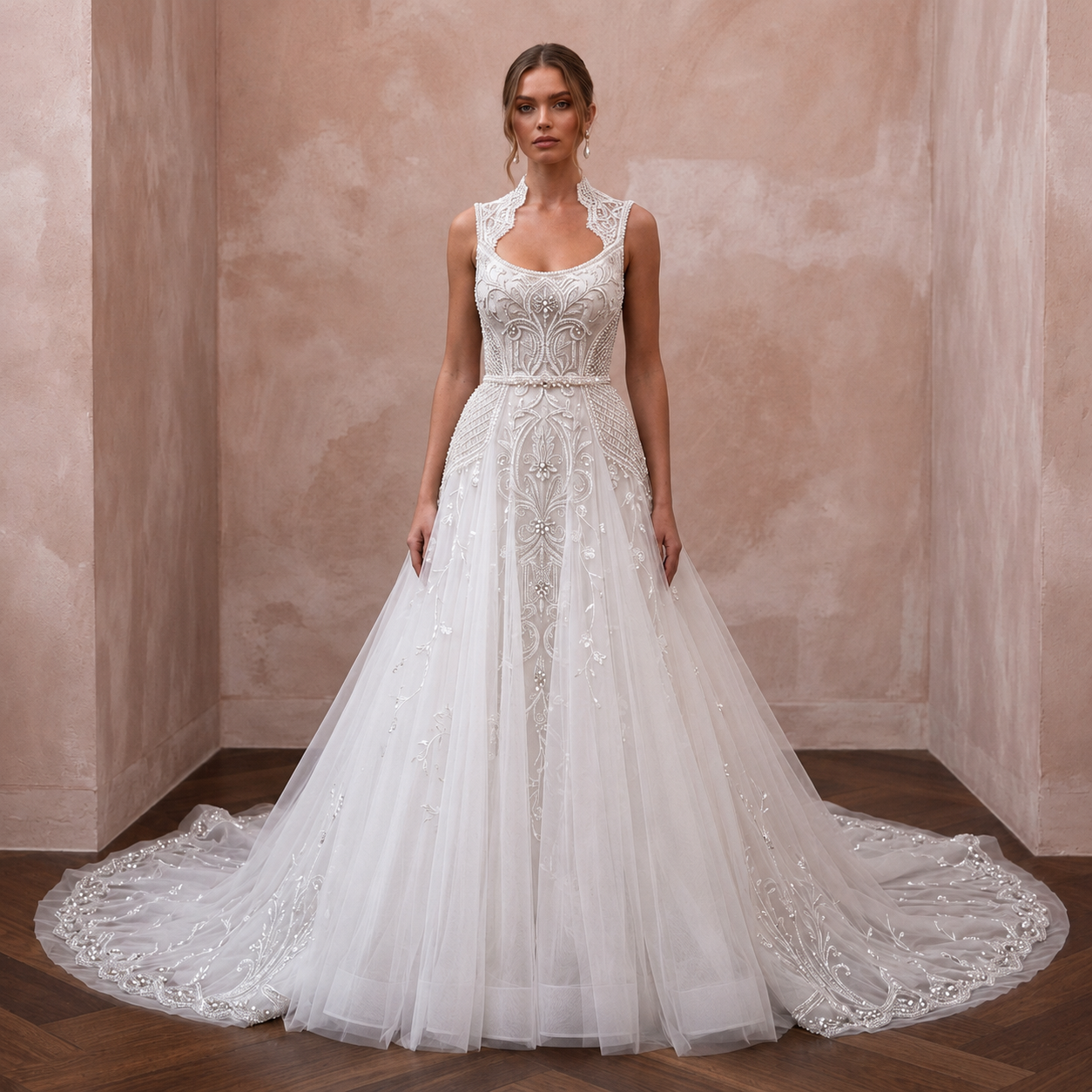 Queen Anne Tulle Bridal Gown for a Cathedral Wedding - Apparel & Accessories > Clothing > Wedding & Bridal Party Dresses > Wedding Dresses - Mignonette Bridal Main image