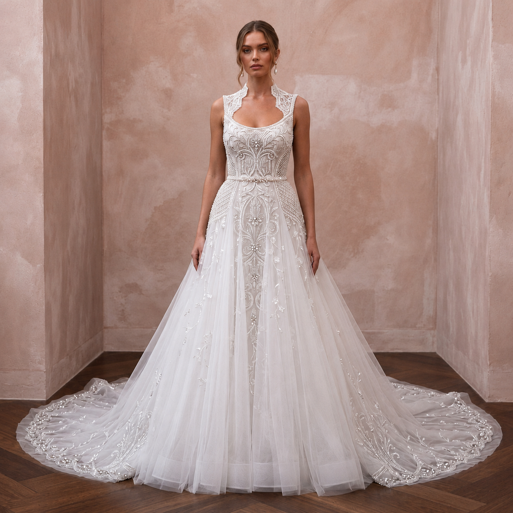 Queen Anne Tulle Bridal Gown for a Cathedral Wedding - Apparel & Accessories > Clothing > Wedding & Bridal Party Dresses > Wedding Dresses - Mignonette Bridal
