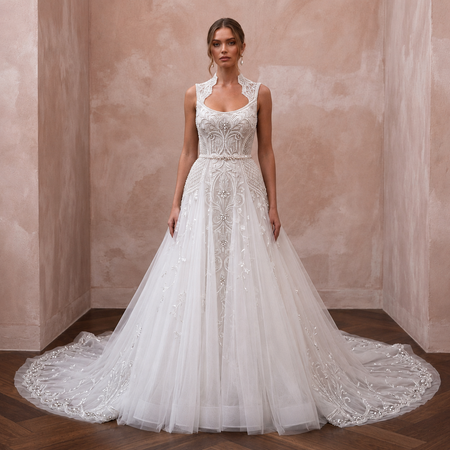 Queen Anne Tulle Bridal Gown for a Cathedral Wedding - Apparel & Accessories > Clothing > Wedding & Bridal Party Dresses > Wedding Dresses - Mignonette Bridal
