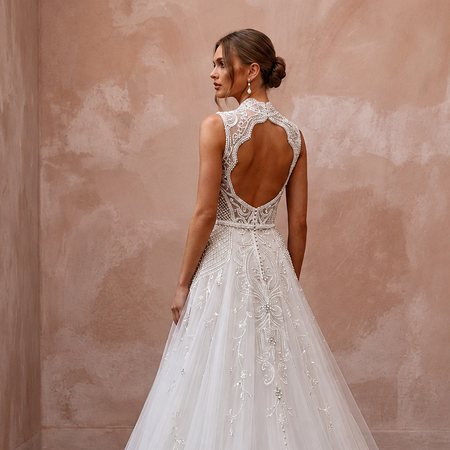 Queen Anne Tulle Bridal Gown for a Cathedral Wedding - Apparel & Accessories > Clothing > Wedding & Bridal Party Dresses > Wedding Dresses - Mignonette Bridal