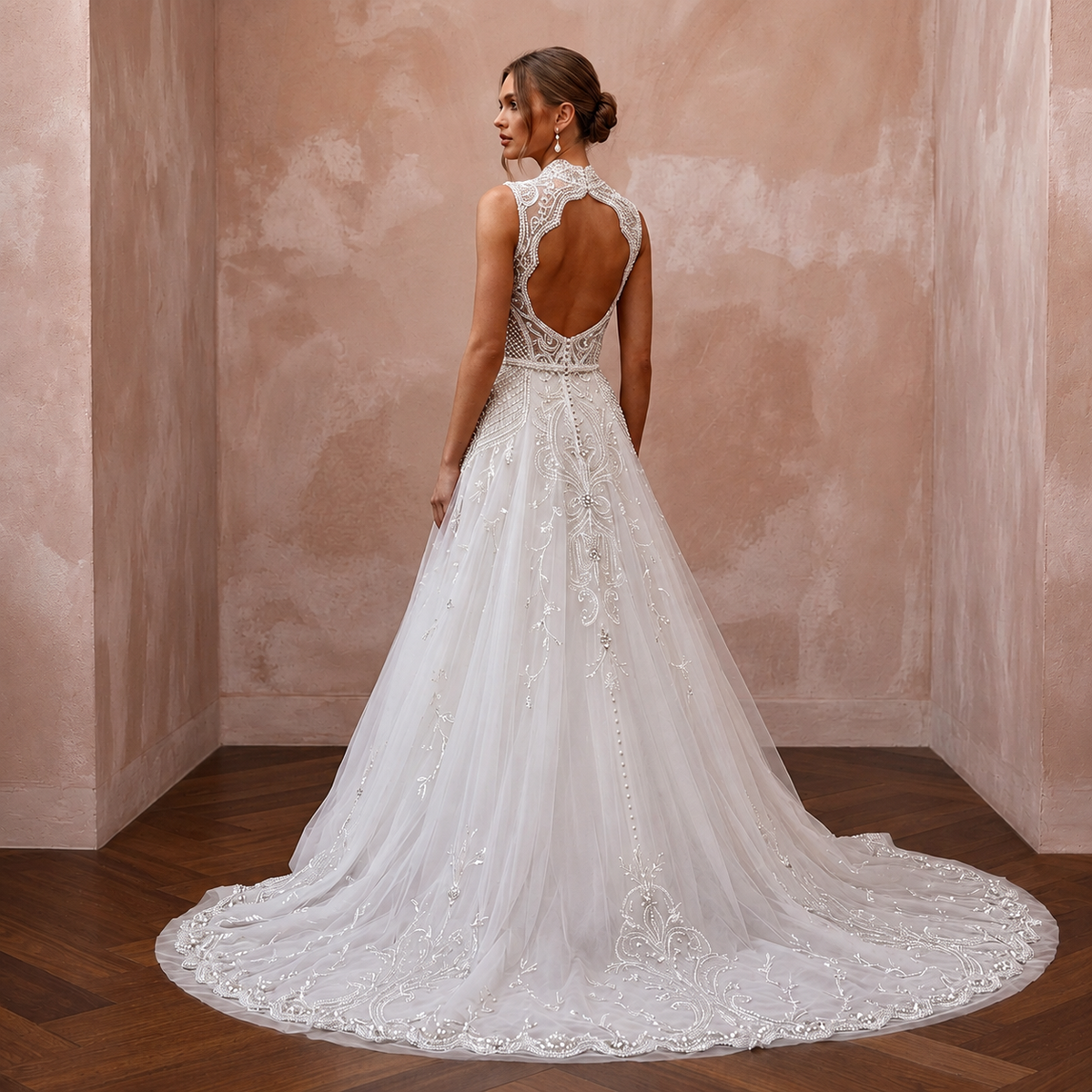 Queen Anne Tulle Bridal Gown for a Cathedral Wedding - Apparel & Accessories > Clothing > Wedding & Bridal Party Dresses > Wedding Dresses - Mignonette Bridal