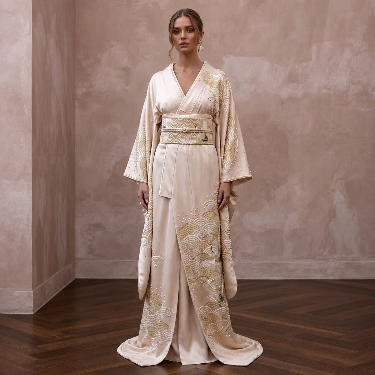 Refined Champagne Silk Habotai Kimono Dress for Engagement Tea - Apparel & Accessories > Clothing > Wedding & Bridal Party Dresses > Wedding Dresses - Mignonette Bridal Main image