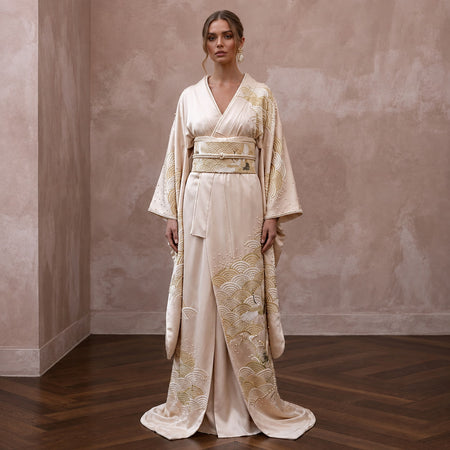 Refined Champagne Silk Habotai Kimono Dress for Engagement Tea - Apparel & Accessories > Clothing > Wedding & Bridal Party Dresses > Wedding Dresses - Mignonette Bridal