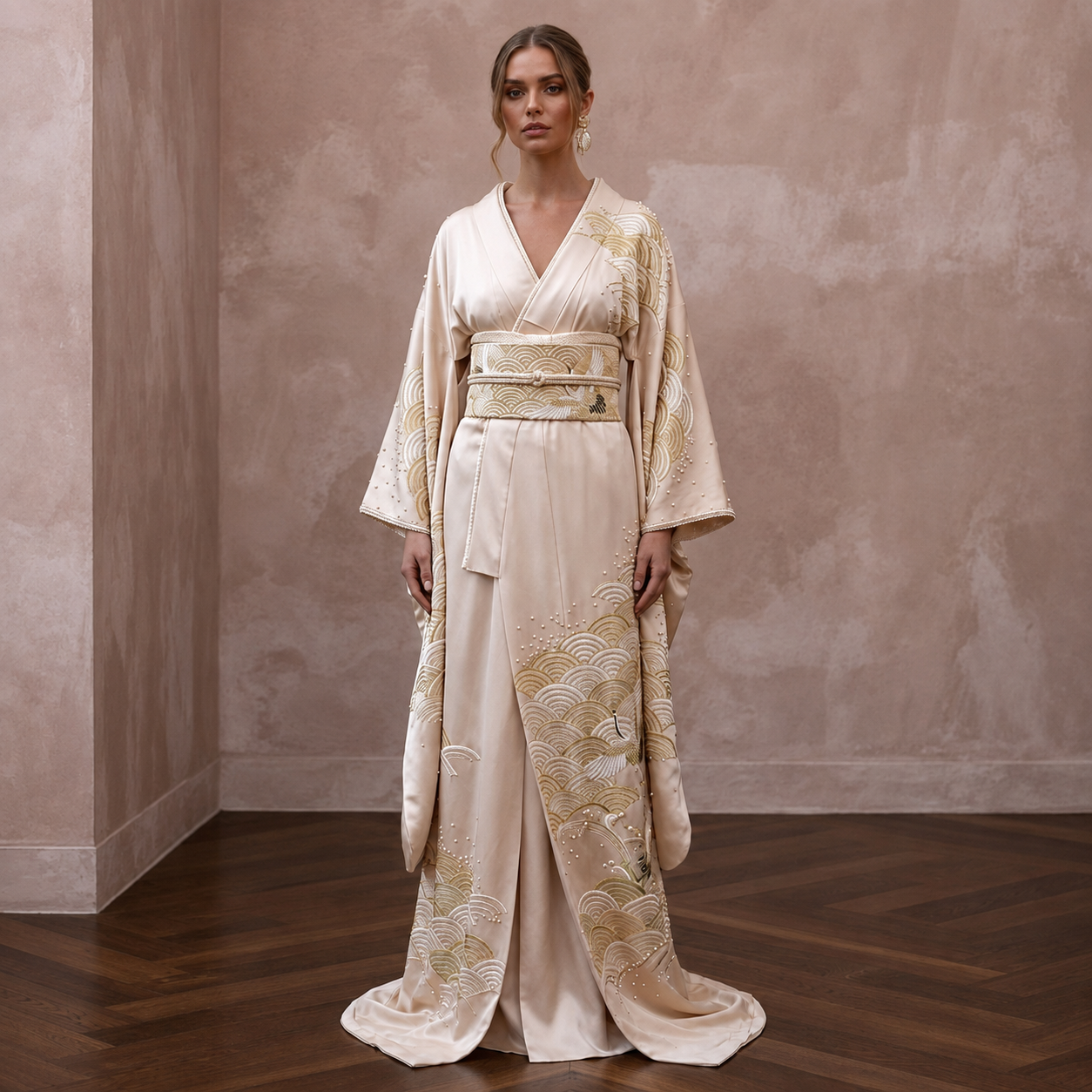 Refined Champagne Silk Habotai Kimono Dress for Engagement Tea Main image