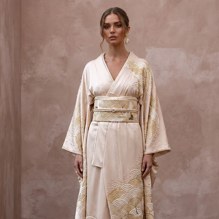 Refined Champagne Silk Habotai Kimono Dress for Engagement Tea - Apparel & Accessories > Clothing > Wedding & Bridal Party Dresses > Wedding Dresses - Mignonette Bridal