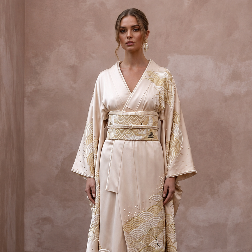 Refined Champagne Silk Habotai Kimono Dress for Engagement Tea