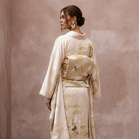 Refined Champagne Silk Habotai Kimono Dress for Engagement Tea