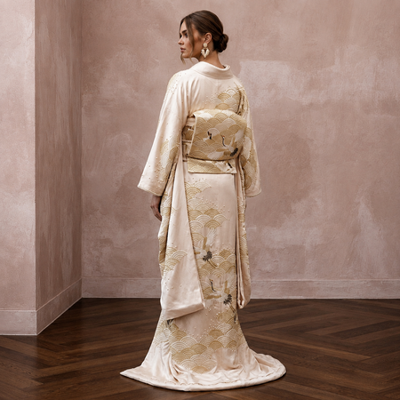 Refined Champagne Silk Habotai Kimono Dress for Engagement Tea