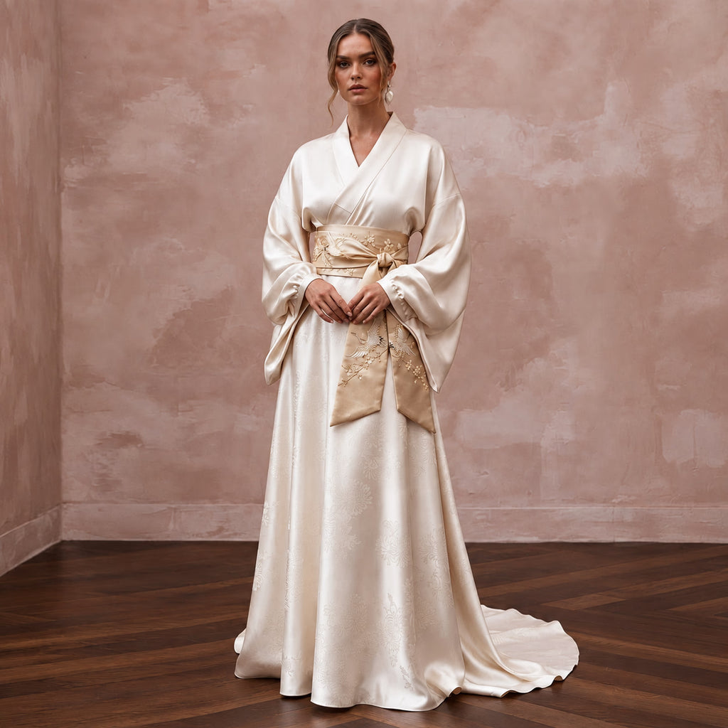 Refined Champagne Silk Habotai Kimono Wedding Dress for Engagement Tea