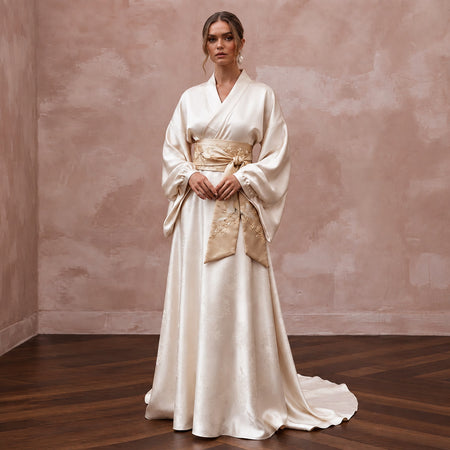 Refined Champagne Silk Habotai Kimono Wedding Dress for Engagement Tea