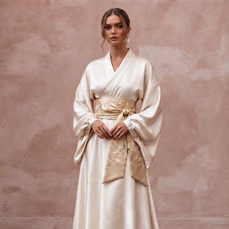 Refined Champagne Silk Habotai Kimono Wedding Dress for Engagement Tea