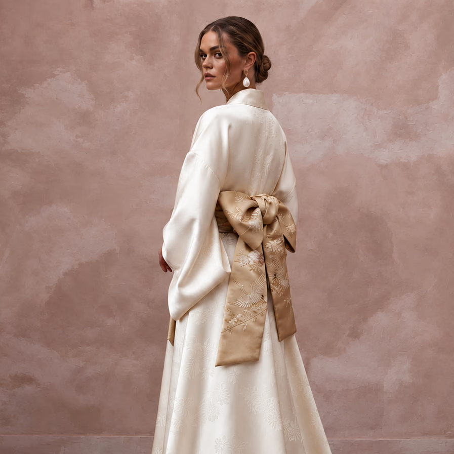 Refined Champagne Silk Habotai Kimono Wedding Dress for Engagement Tea