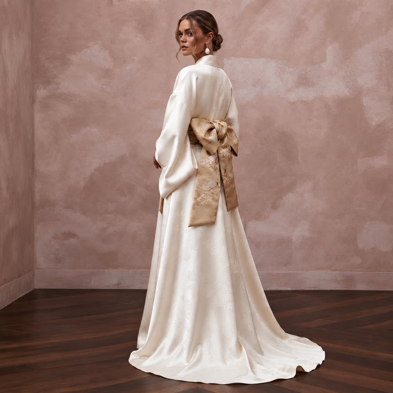 Refined Champagne Silk Habotai Kimono Wedding Dress for Engagement Tea Secondary image