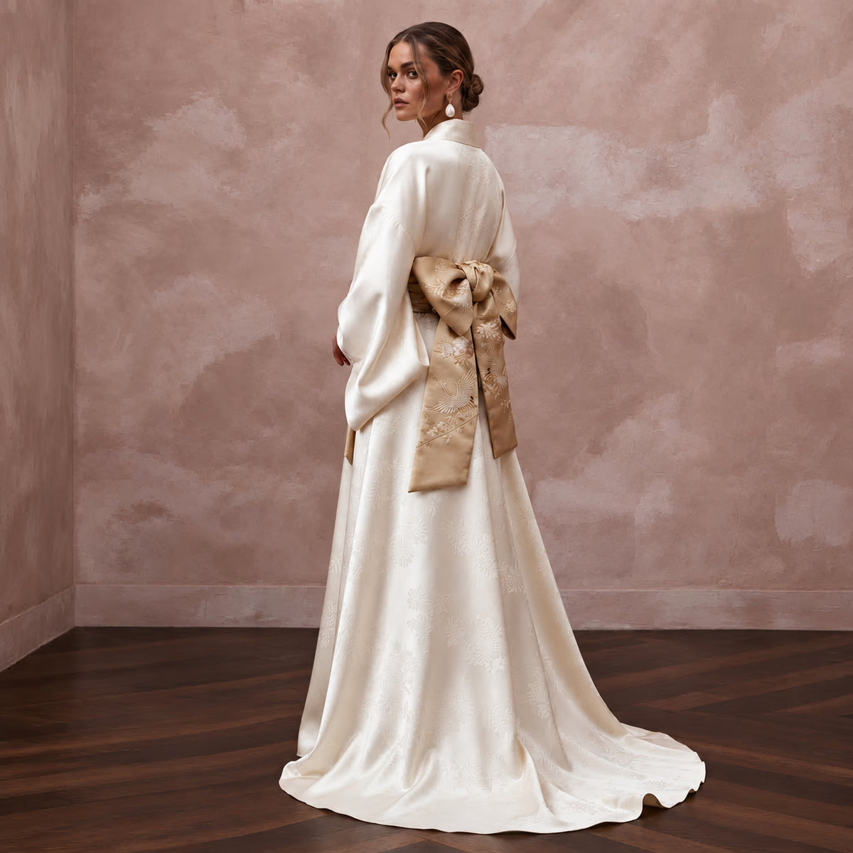 Refined Champagne Silk Habotai Kimono Wedding Dress for Engagement Tea