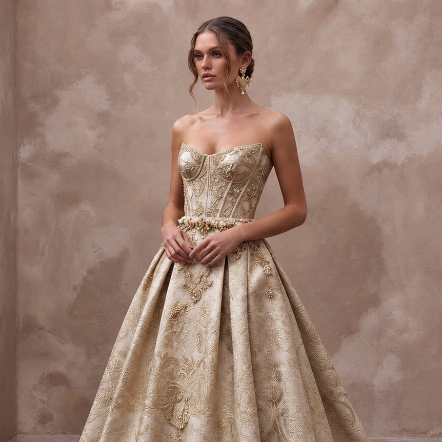 Regal Champagne Brocade Bridal Corset & Skirt Set for Themed Vow Renewal