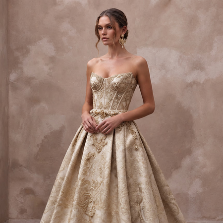 Regal Champagne Brocade Bridal Corset & Skirt Set for Themed Vow Renewal