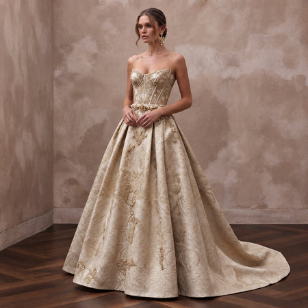 Regal Champagne Brocade Bridal Corset & Skirt Set for Themed Vow Renewal