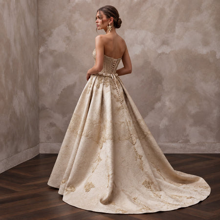 Regal Champagne Brocade Bridal Corset & Skirt Set for Themed Vow Renewal