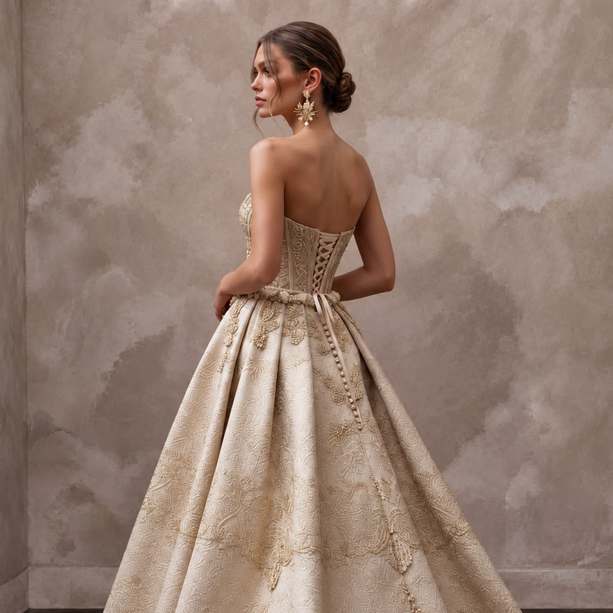 Regal Champagne Brocade Bridal Corset & Skirt Set for Themed Vow Renewal