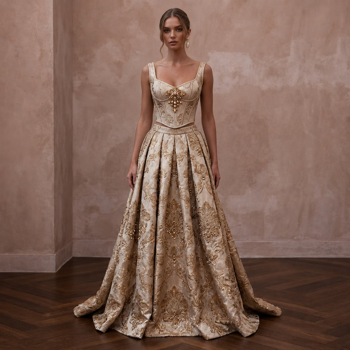 Regal Champagne Brocade Corset & Skirt for Themed Vow Renewal - Apparel & Accessories > Clothing > Wedding & Bridal Party Dresses > Wedding Dresses - Mignonette Bridal Main image