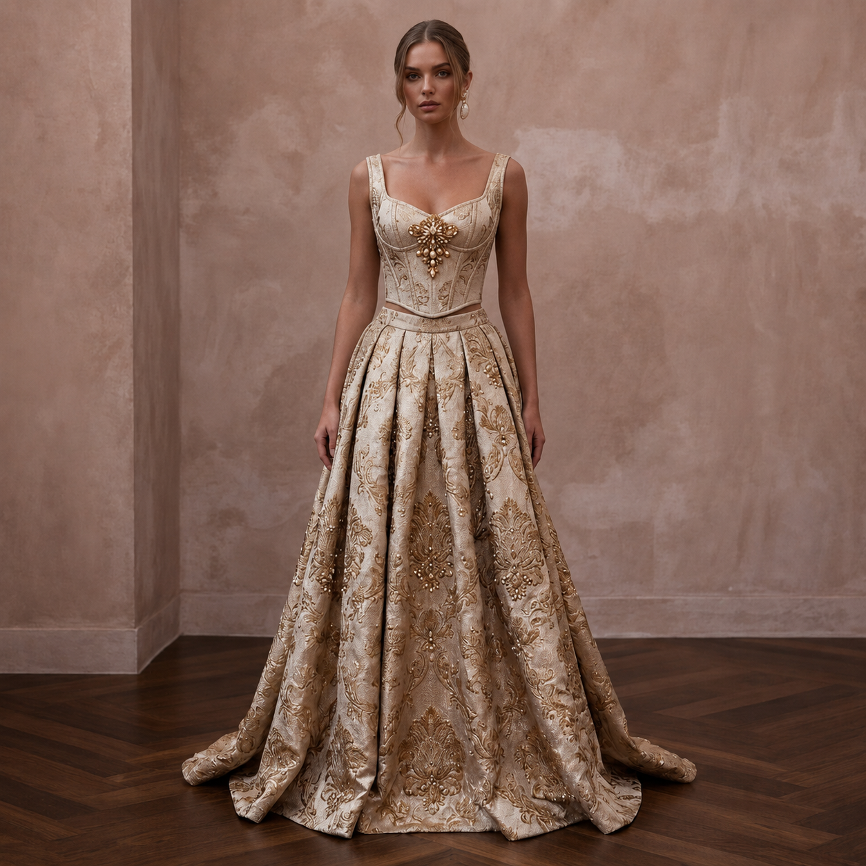 Regal Champagne Brocade Corset & Skirt for Themed Vow Renewal