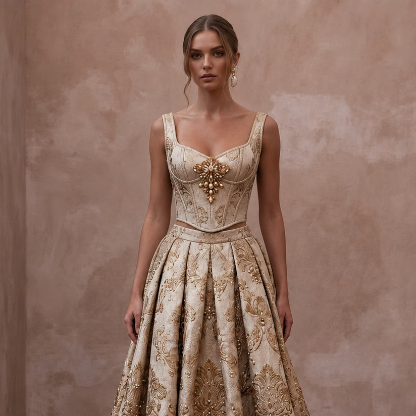Regal Champagne Brocade Corset & Skirt for Themed Vow Renewal - Apparel & Accessories > Clothing > Wedding & Bridal Party Dresses > Wedding Dresses - Mignonette Bridal