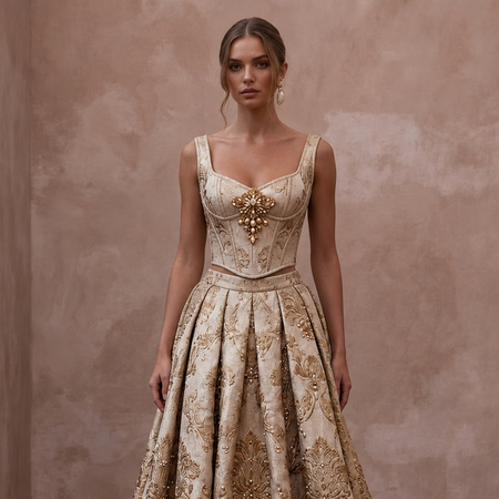 Regal Champagne Brocade Corset & Skirt for Themed Vow Renewal - Apparel & Accessories > Clothing > Wedding & Bridal Party Dresses > Wedding Dresses - Mignonette Bridal