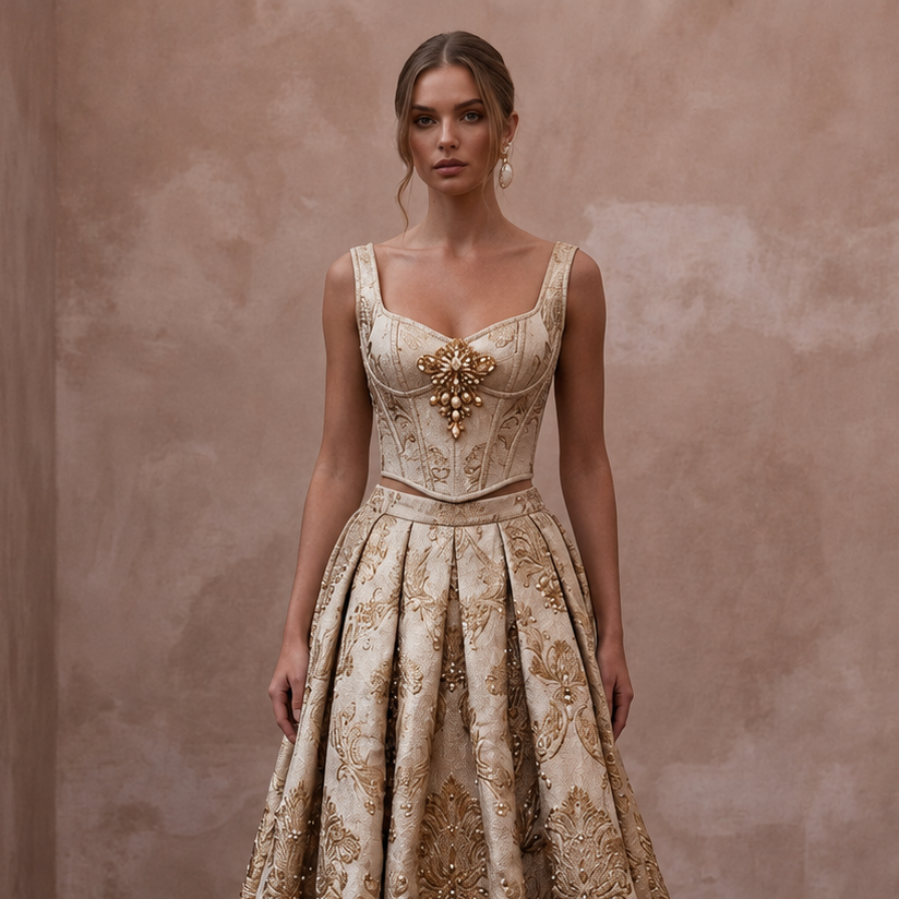 Regal Champagne Brocade Corset & Skirt for Themed Vow Renewal