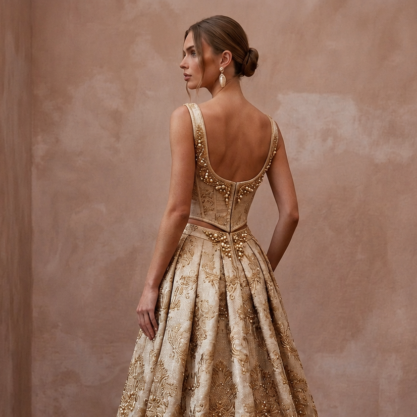 Regal Champagne Brocade Corset & Skirt for Themed Vow Renewal