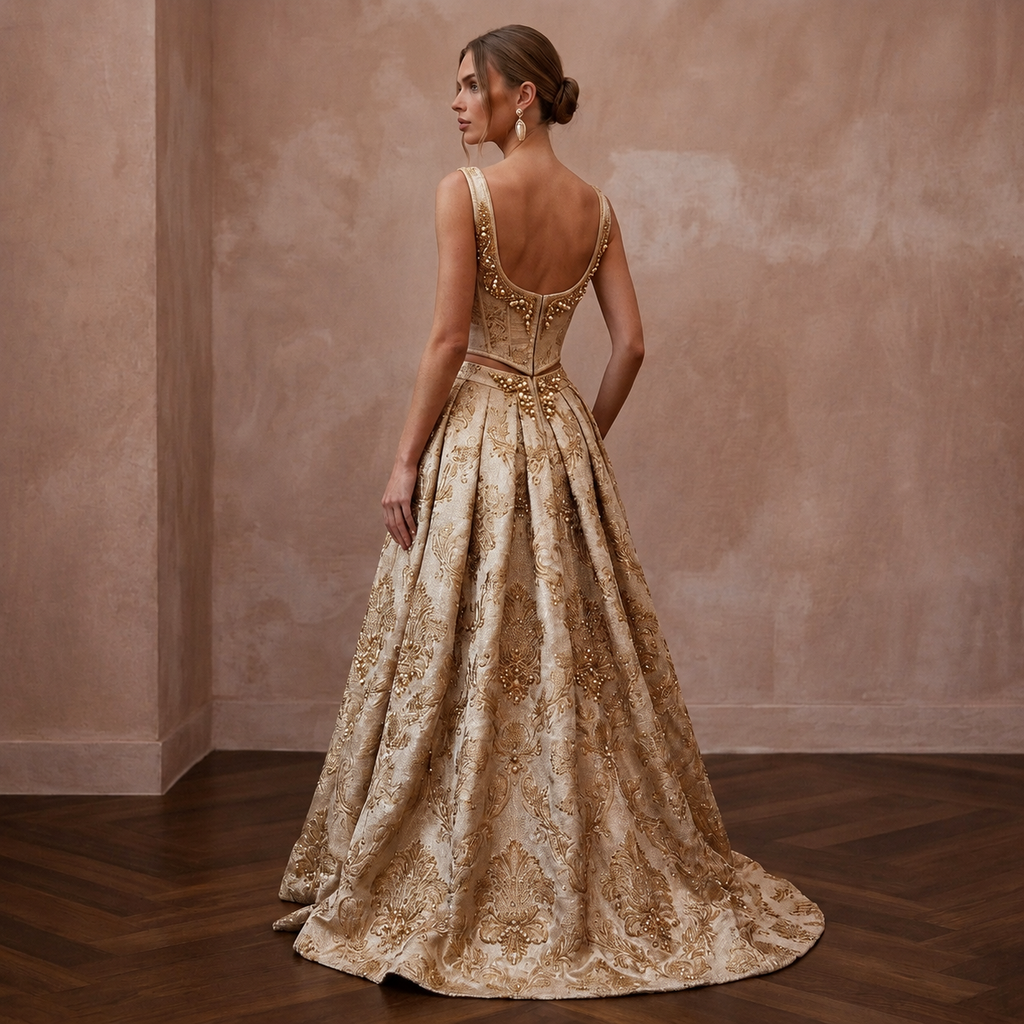 Regal Champagne Brocade Corset & Skirt for Themed Vow Renewal