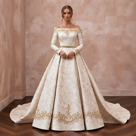 Regal Ivory Brocade Ball Gown Bridal Dress for Christmas Engagement Party