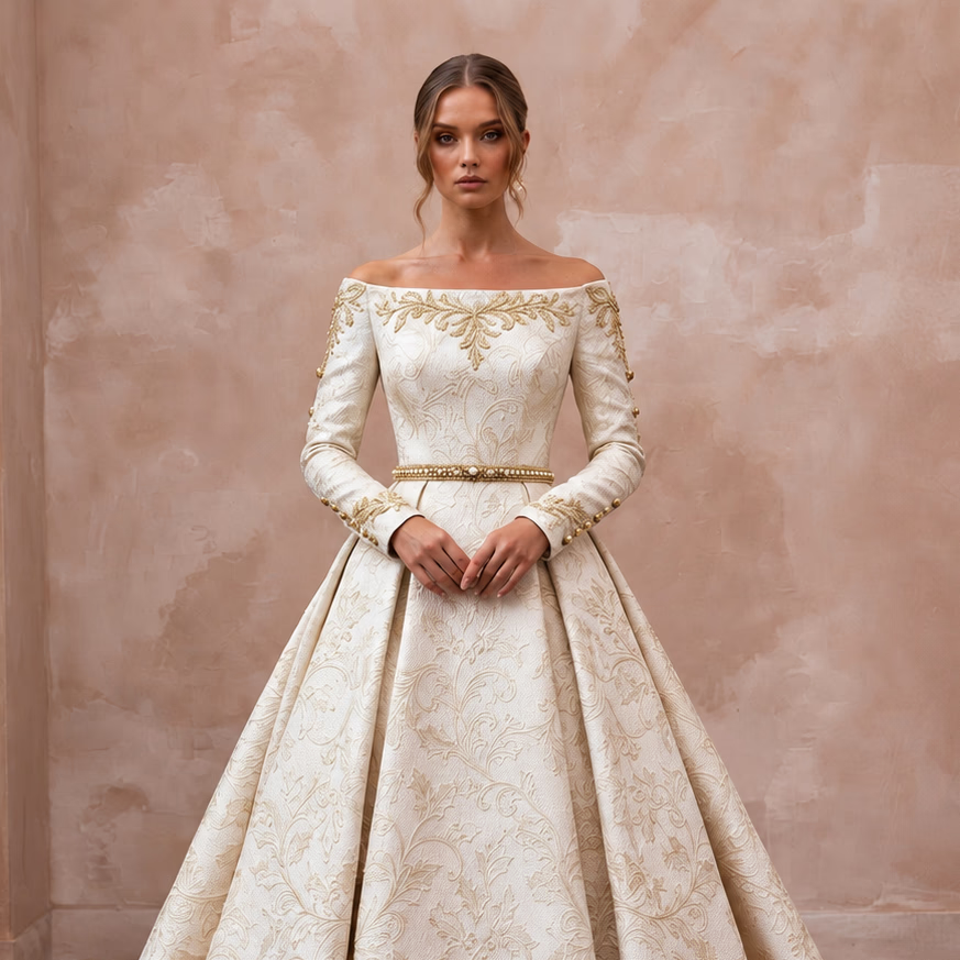 Regal Ivory Brocade Ball Gown Bridal Dress for Christmas Engagement Party