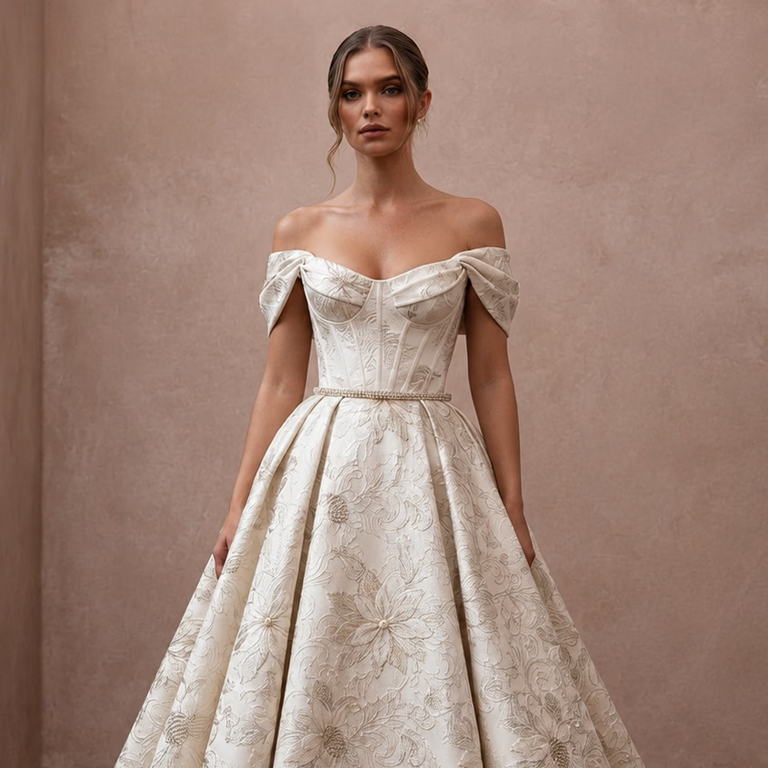 Regal Ivory Brocade Ball Gown for Christmas Engagement Party - Apparel & Accessories > Clothing > Wedding & Bridal Party Dresses > Wedding Dresses - Mignonette Bridal