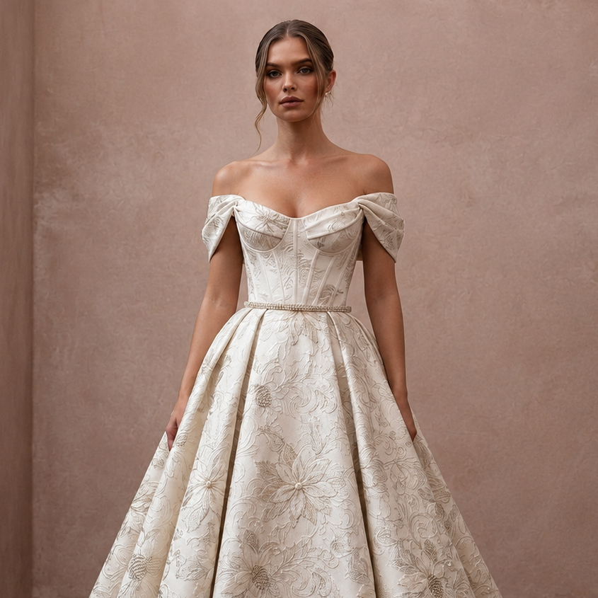 Regal Ivory Brocade Ball Gown for Christmas Engagement Party