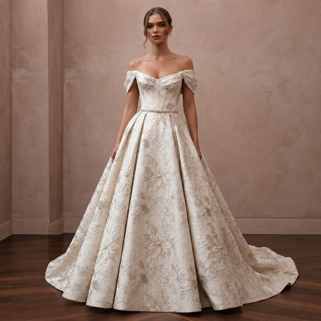 Regal Ivory Brocade Ball Gown for Christmas Engagement Party