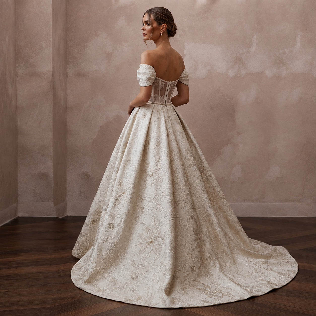 Regal Ivory Brocade Ball Gown for Christmas Engagement Party Secondary image
