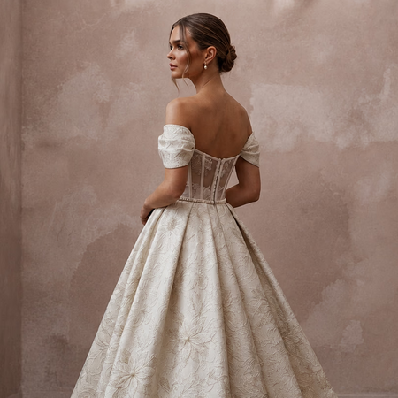 Regal Ivory Brocade Ball Gown for Christmas Engagement Party - Apparel & Accessories > Clothing > Wedding & Bridal Party Dresses > Wedding Dresses - Mignonette Bridal