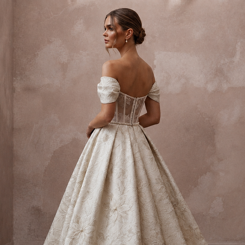 Regal Ivory Brocade Ball Gown for Christmas Engagement Party