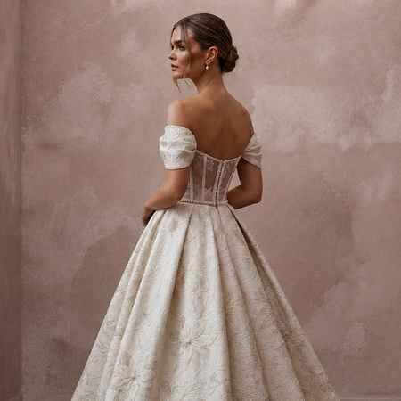 Regal Ivory Brocade Ball Gown for Christmas Engagement Party