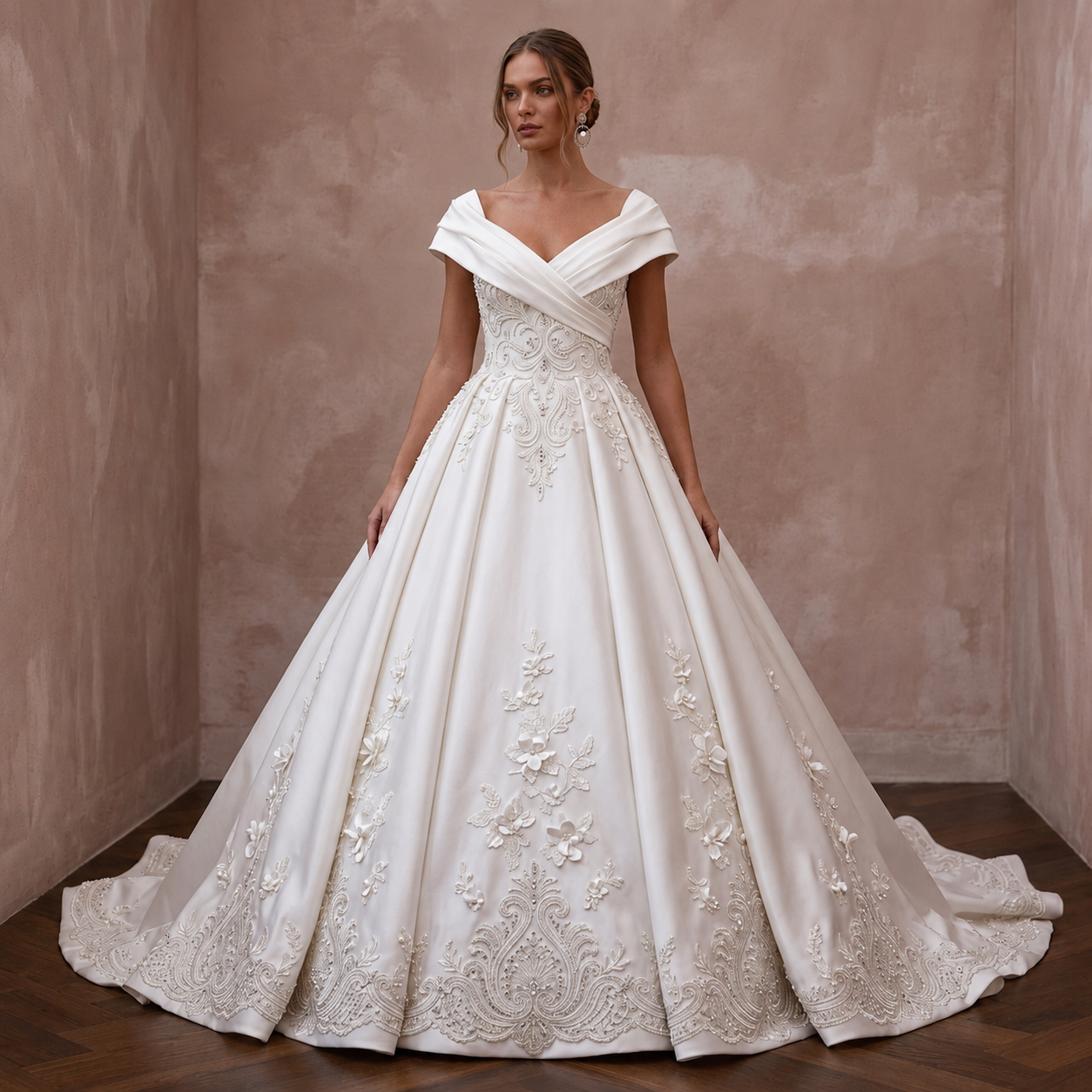 Regal Ivory Duchess Satin Ball Gown Wedding Dress for Anniversary Photoshoot Main image