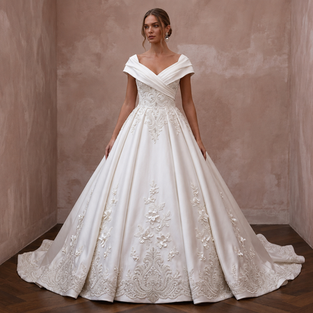 Regal Ivory Duchess Satin Ball Gown Wedding Dress for Anniversary Photoshoot