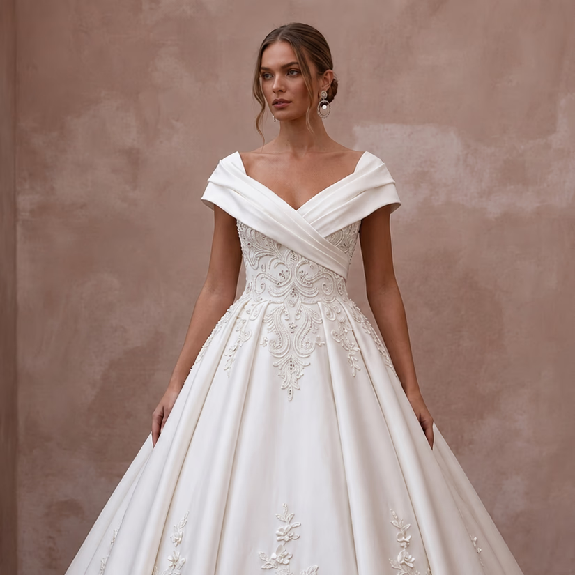 Regal Ivory Duchess Satin Ball Gown Wedding Dress for Anniversary Photoshoot - Apparel & Accessories > Clothing > Wedding & Bridal Party Dresses > Wedding Dresses - Mignonette Bridal