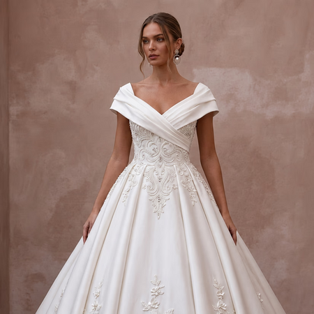 Regal Ivory Duchess Satin Ball Gown Wedding Dress for Anniversary Photoshoot - Apparel & Accessories > Clothing > Wedding & Bridal Party Dresses > Wedding Dresses - Mignonette Bridal