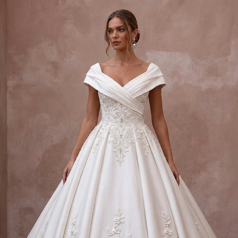Regal Ivory Duchess Satin Ball Gown Wedding Dress for Anniversary Photoshoot