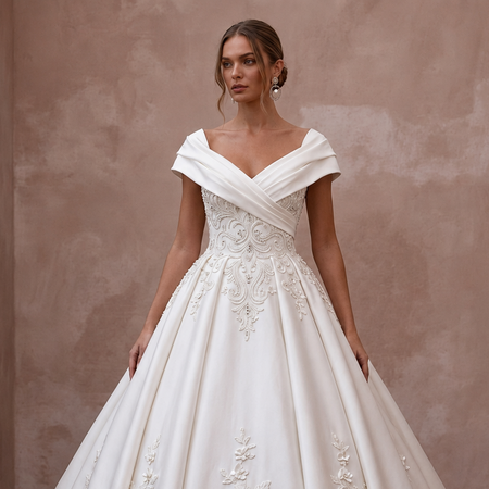 Regal Ivory Duchess Satin Ball Gown Wedding Dress for Anniversary Photoshoot