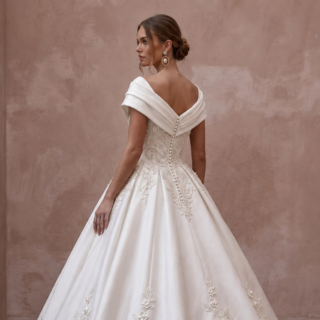 Regal Ivory Duchess Satin Ball Gown Wedding Dress for Anniversary Photoshoot