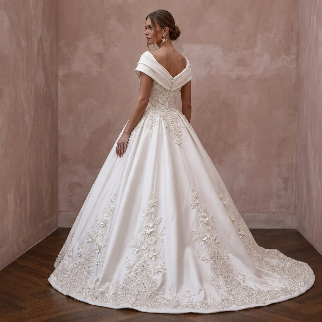 Regal Ivory Duchess Satin Ball Gown Wedding Dress for Anniversary Photoshoot - Apparel & Accessories > Clothing > Wedding & Bridal Party Dresses > Wedding Dresses - Mignonette Bridal